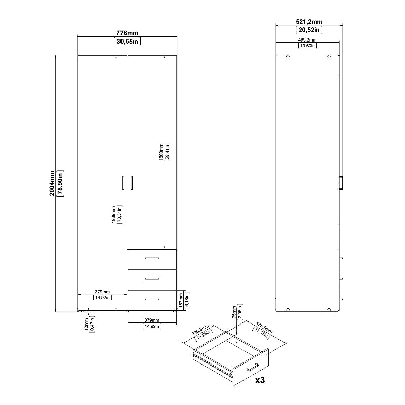 Space White Wardrobe w/ 2 Doors & 3 Drawers 2000 - White Tree Furniture