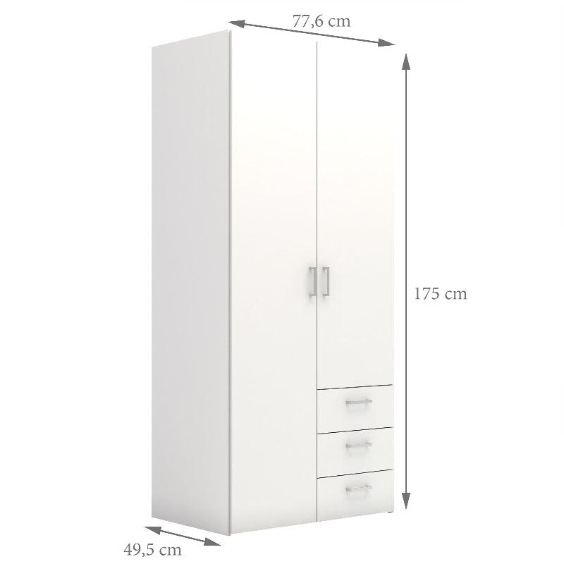 Space White Wardrobe w/ 2 Doors + 3 drawers 1750 - White Tree Furniture