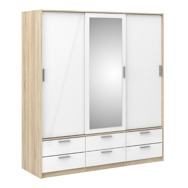 Line Wardrobe w/ 3 Doors in Oak w/ White High Gloss  - White Tree Furniture