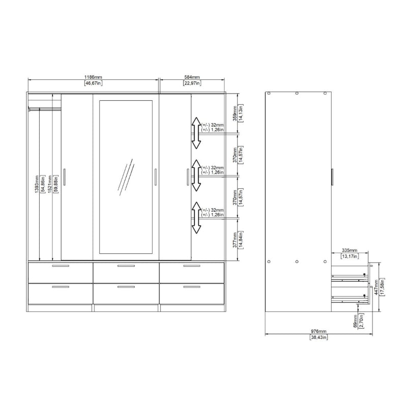 Line Wardrobe w/ 3 Doors in Oak w/ White High Gloss  - White Tree Furniture