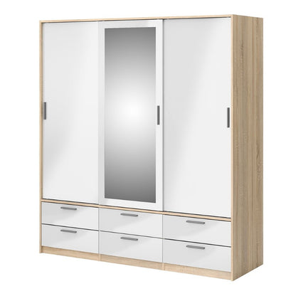 Line Wardrobe w/ 3 Doors in Oak w/ White High Gloss  - White Tree Furniture