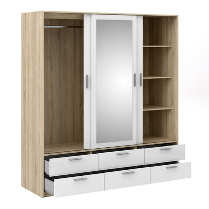 Line Wardrobe w/ 3 Doors in Oak w/ White High Gloss  - White Tree Furniture