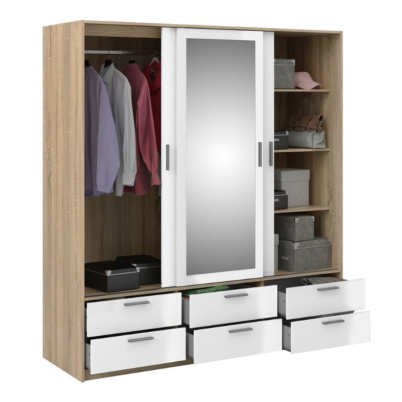 Line Wardrobe w/ 3 Doors in Oak w/ White High Gloss  - White Tree Furniture