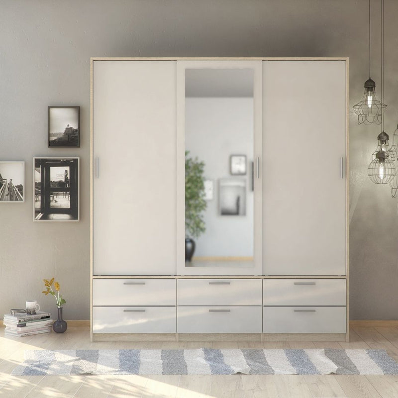 Line Wardrobe w/ 3 Doors in Oak w/ White High Gloss  - White Tree Furniture