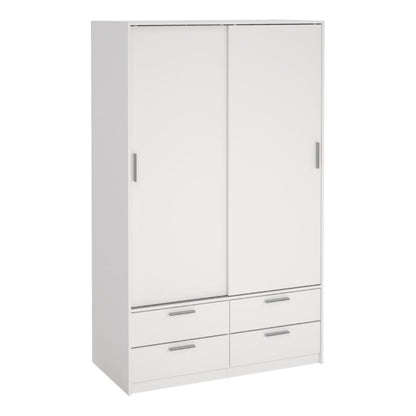 Line White Wardrobe w/ 2 Sliding Doors & 4 Drawers - White Tree Furniture