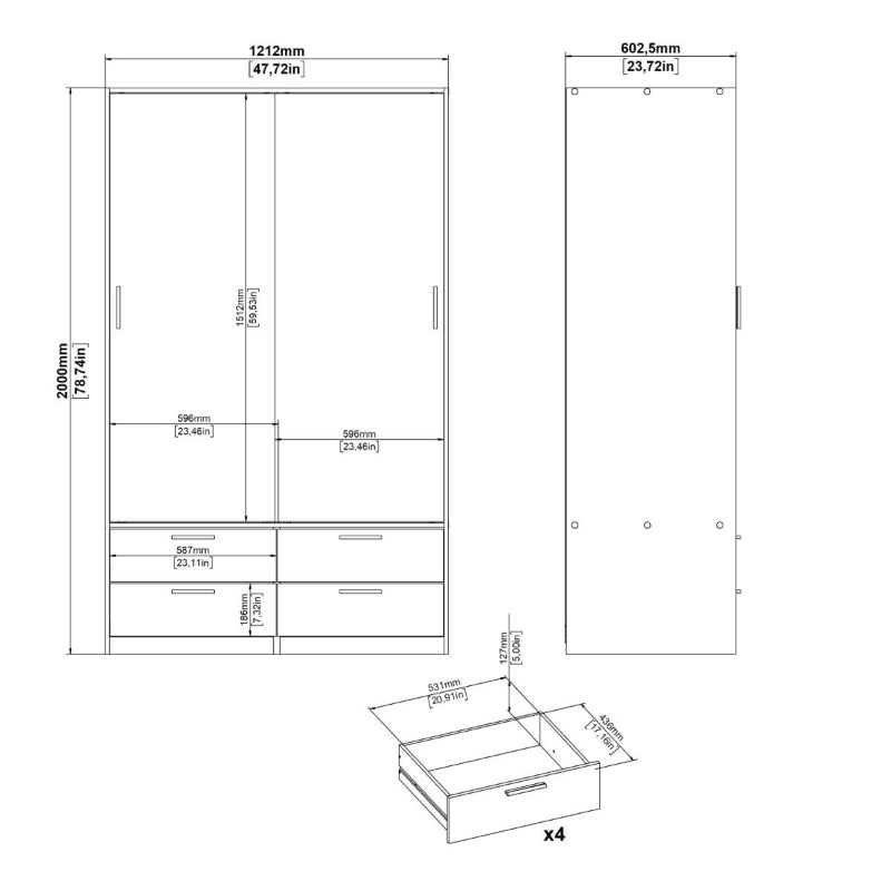 Line White Wardrobe w/ 2 Sliding Doors & 4 Drawers - White Tree Furniture