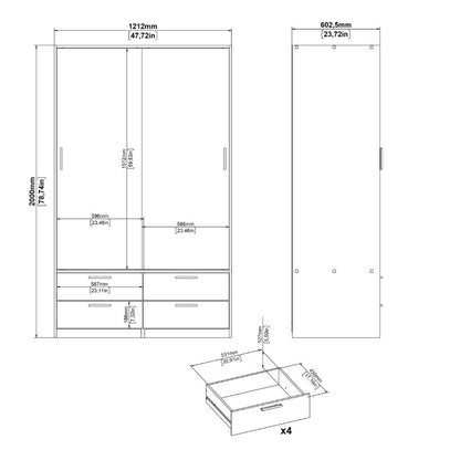 Line White Wardrobe w/ 2 Sliding Doors & 4 Drawers - White Tree Furniture