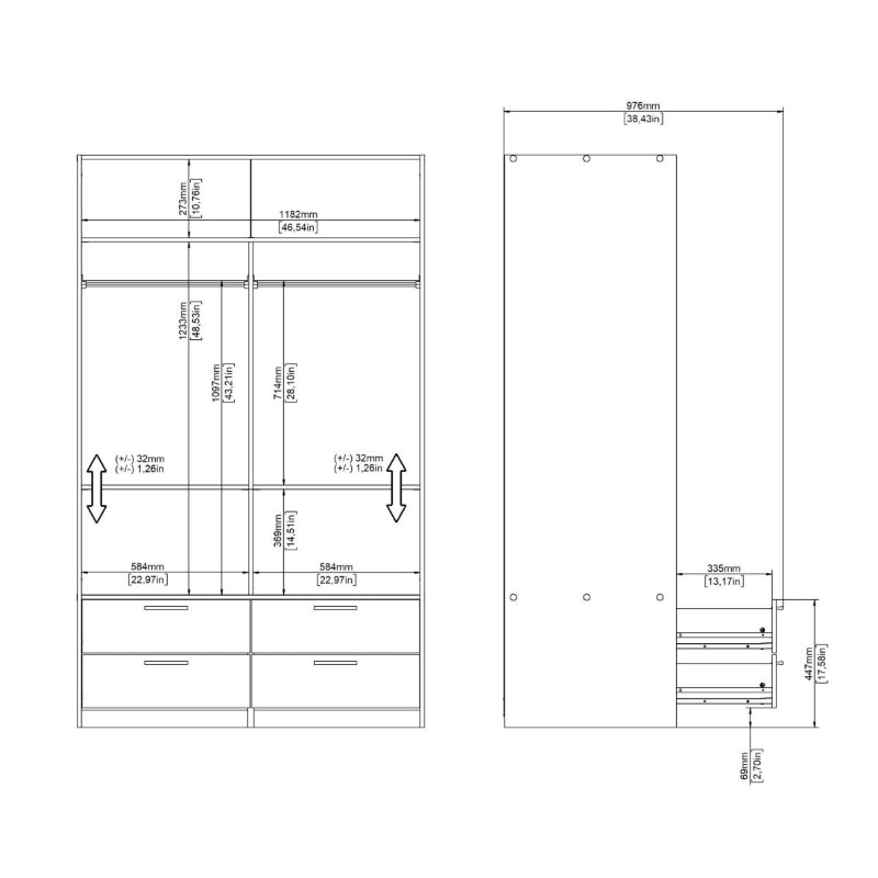 Line White Wardrobe w/ 2 Sliding Doors & 4 Drawers - White Tree Furniture