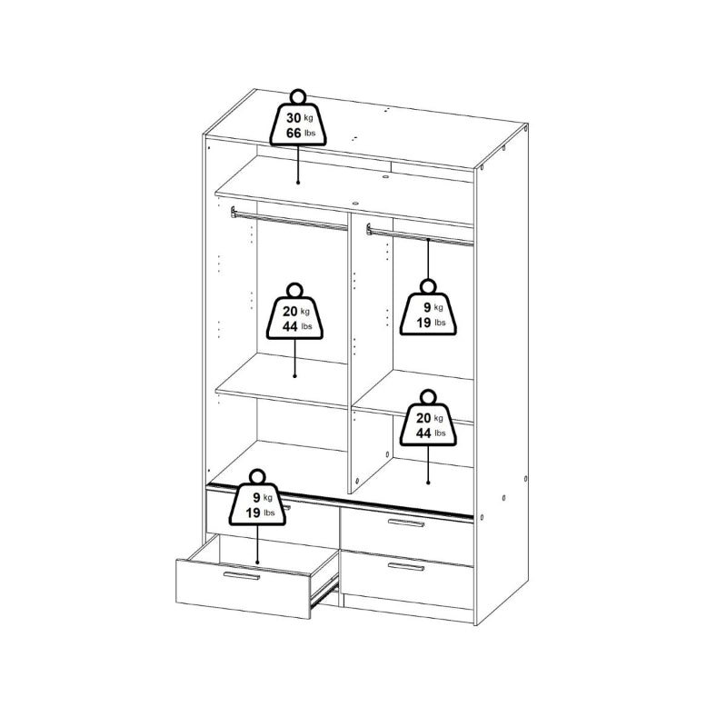 Line White Wardrobe w/ 2 Sliding Doors & 4 Drawers - White Tree Furniture