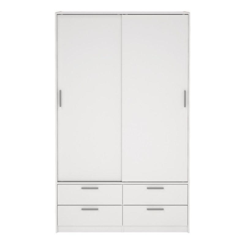 Line White Wardrobe w/ 2 Sliding Doors & 4 Drawers - White Tree Furniture