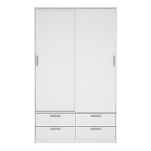 Line White Wardrobe w/ 2 Sliding Doors & 4 Drawers - White Tree Furniture