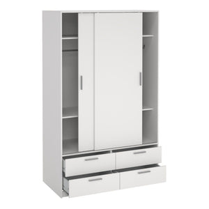 Line White Wardrobe w/ 2 Sliding Doors & 4 Drawers - White Tree Furniture