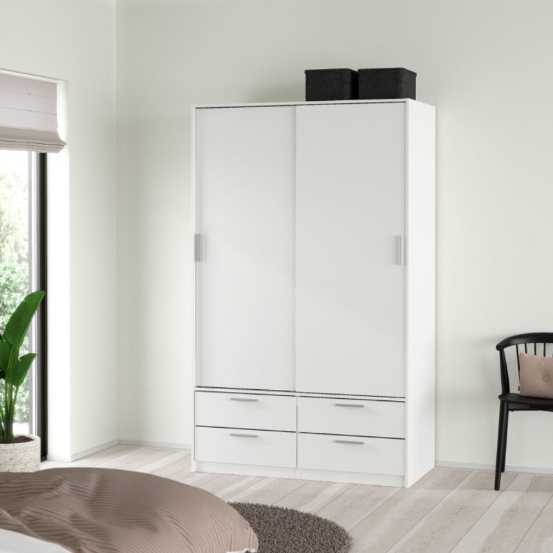 Line White Wardrobe w/ 2 Sliding Doors & 4 Drawers - White Tree Furniture