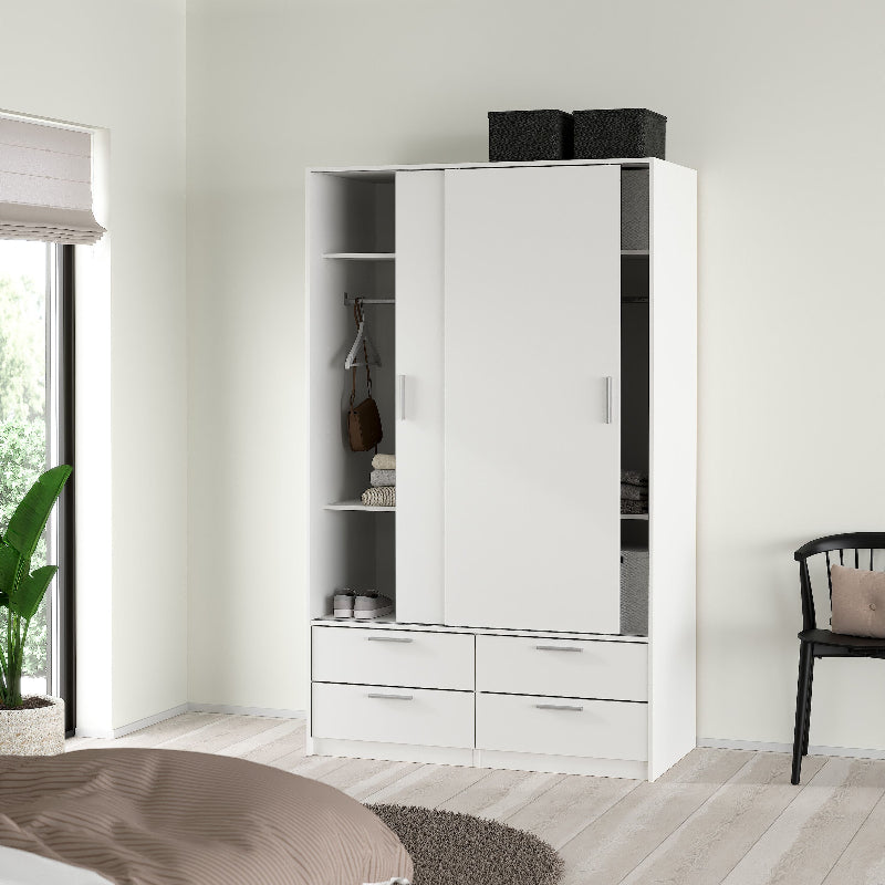 Line White Wardrobe w/ 2 Sliding Doors & 4 Drawers - White Tree Furniture