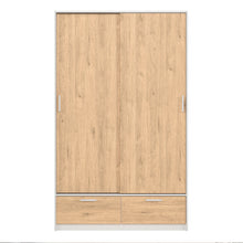 Line Wardrobe w/ Sliding 2 Doors & 2 Drawers in White & Oak - White Tree Furniture