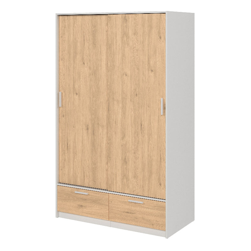 Line Wardrobe w/ Sliding 2 Doors & 2 Drawers in White & Oak - White Tree Furniture