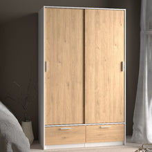 Line Wardrobe w/ Sliding 2 Doors & 2 Drawers in White & Oak - White Tree Furniture