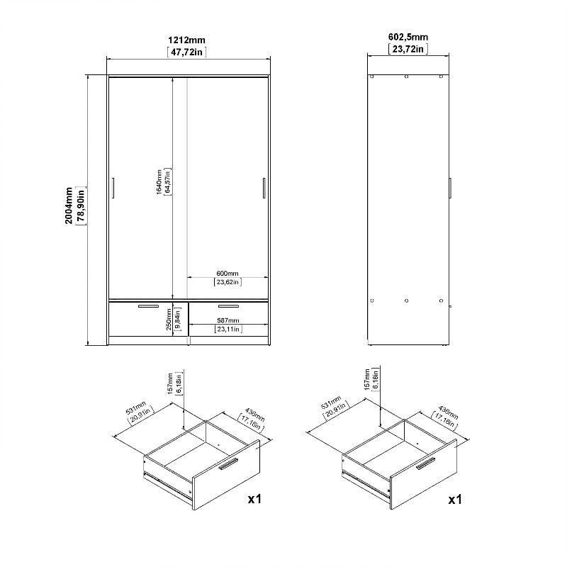 Line Wardrobe w/ Sliding 2 Doors & 2 Drawers in White & Oak - White Tree Furniture