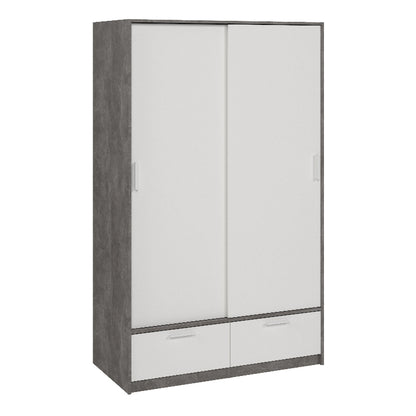 Line White & Concrete Wardrobe w/ 2 Sliding Doors & 2 Drawers - White Tree Furniture