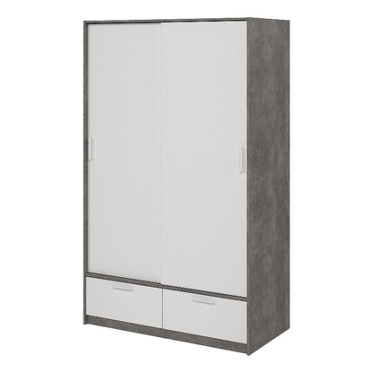 Line White & Concrete Wardrobe w/ 2 Sliding Doors & 2 Drawers - White Tree Furniture