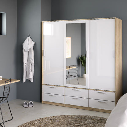 Line Wardrobe w/ 3 Doors in Oak w/ White High Gloss  - White Tree Furniture