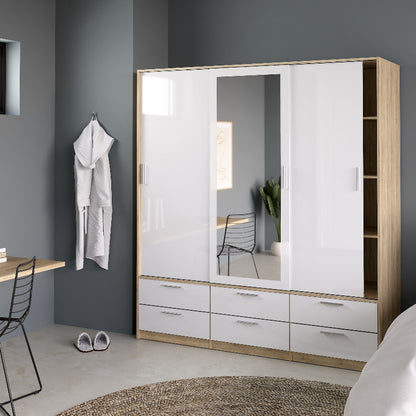 Line Wardrobe w/ 3 Doors in Oak w/ White High Gloss  - White Tree Furniture