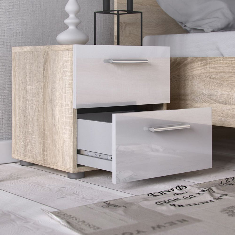 Pepe Bedside Table w/ 2 Drawers in Oak & High Gloss White - White Tree Furniture