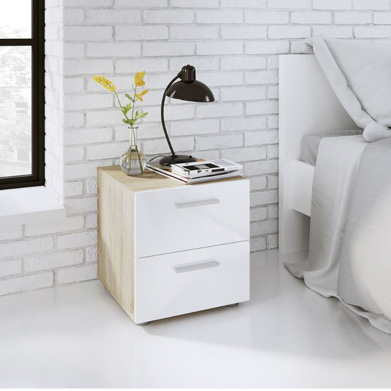 Pepe Bedside Table w/ 2 Drawers in Oak & High Gloss White - White Tree Furniture