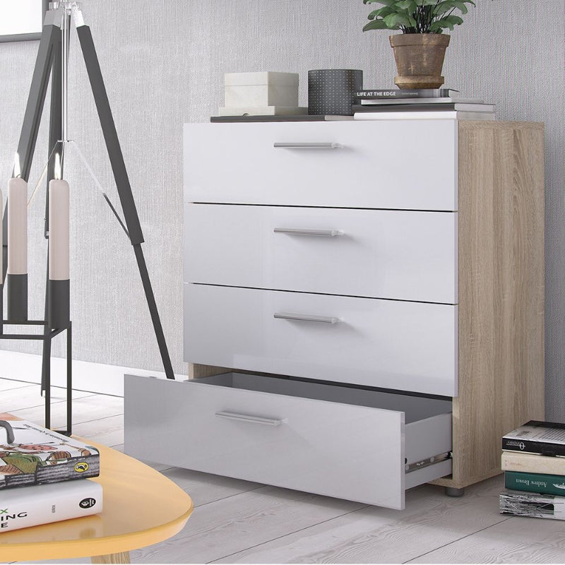 Pepe Chest of 4 Drawers in Oak & High Gloss White - White Tree Furniture