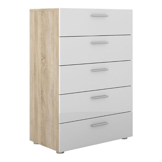 Pepe Chest of 5 Drawers in Oak & High Gloss White - White Tree Furniture