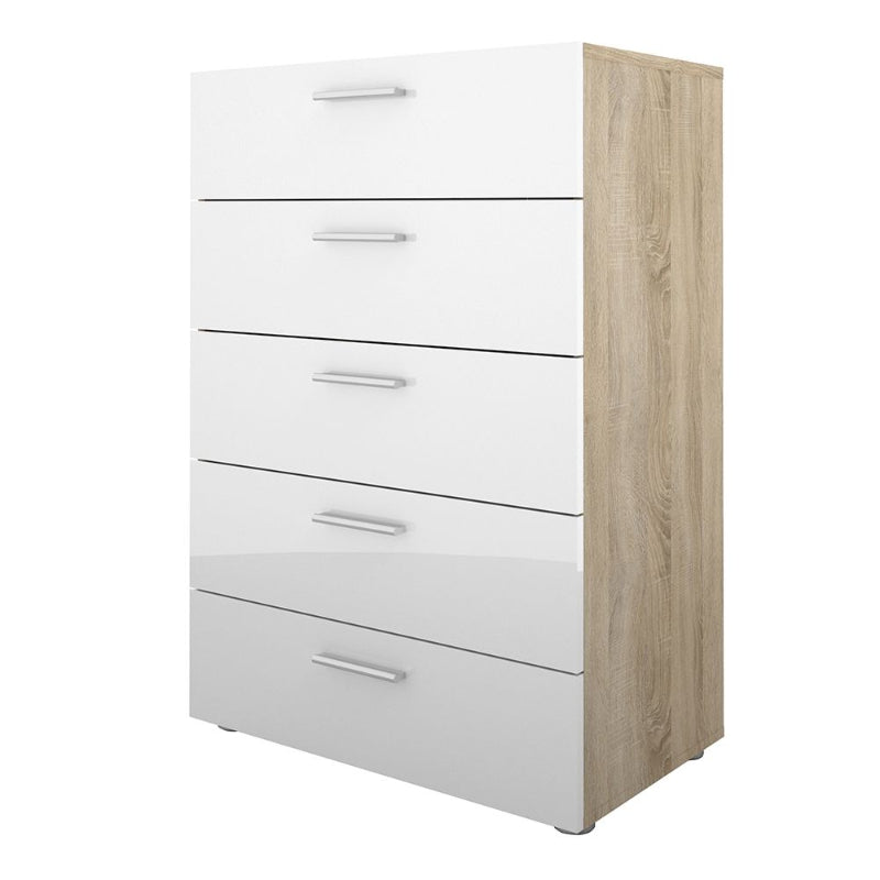 Pepe Chest of 5 Drawers in Oak & High Gloss White - White Tree Furniture