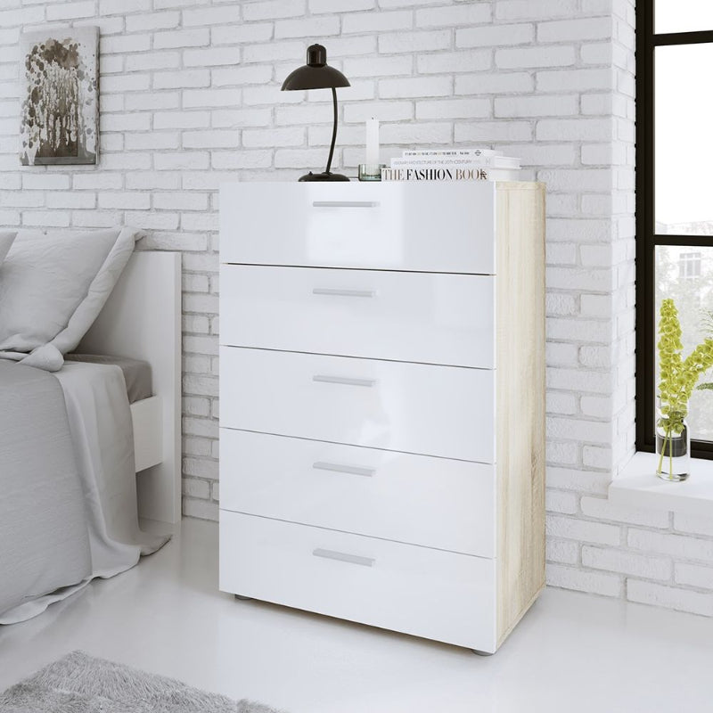 Pepe Chest of 5 Drawers in Oak & High Gloss White - White Tree Furniture