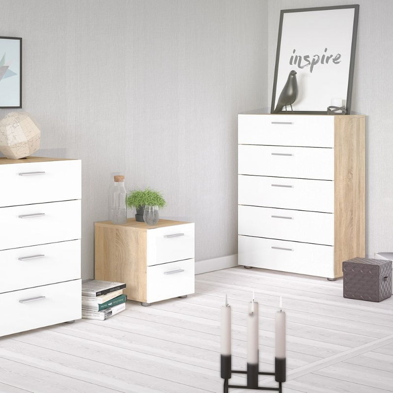 Pepe Chest of 5 Drawers in Oak & High Gloss White - White Tree Furniture