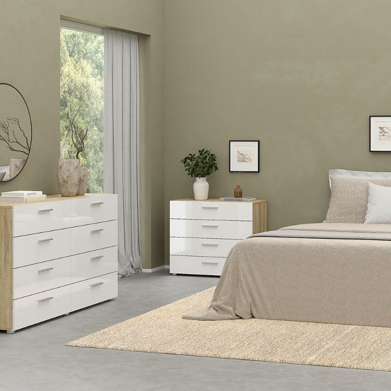 PEPE WHITE & OAK BEDROOM SET - Bedside + Chest + Wardrobe - White Tree Furniture