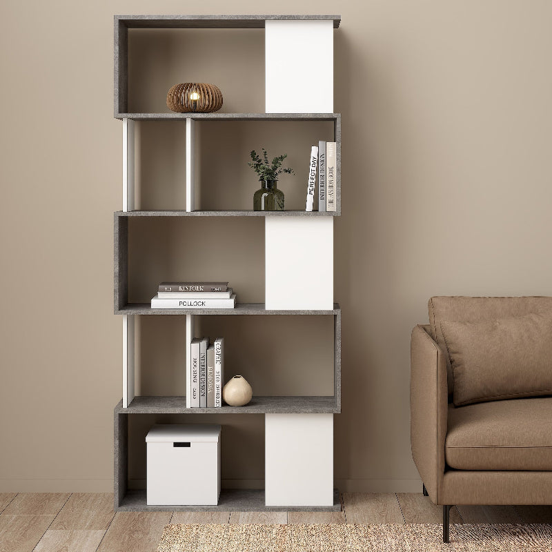 Maze Open Bookcase w/ 4 Shelves in Concrete & White - White Tree Furniture