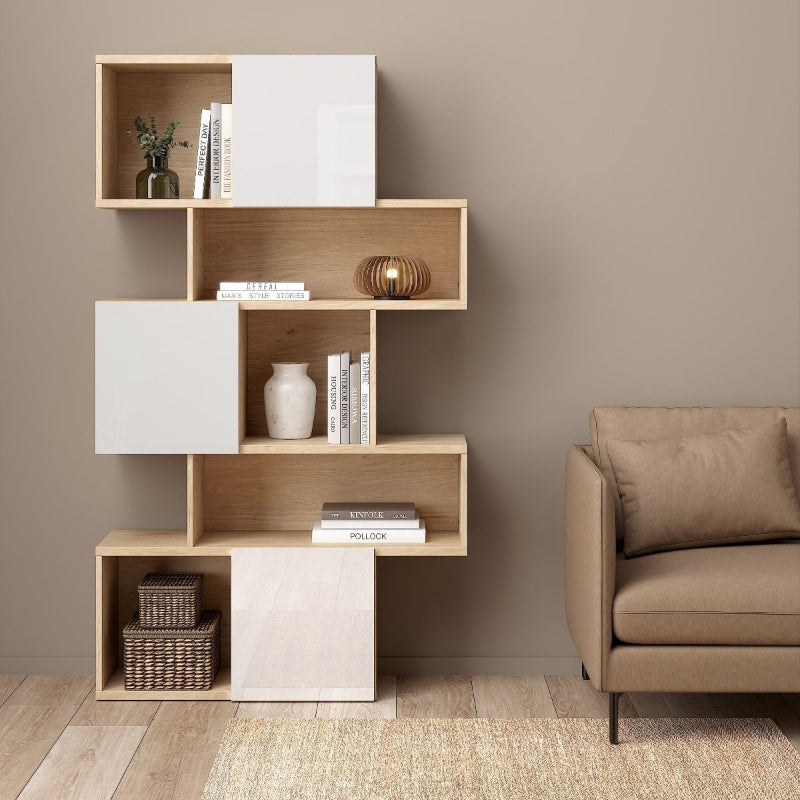 Maze Asymmetrical Bookcase in Jackson Hickory & Gloss White - White Tree Furniture