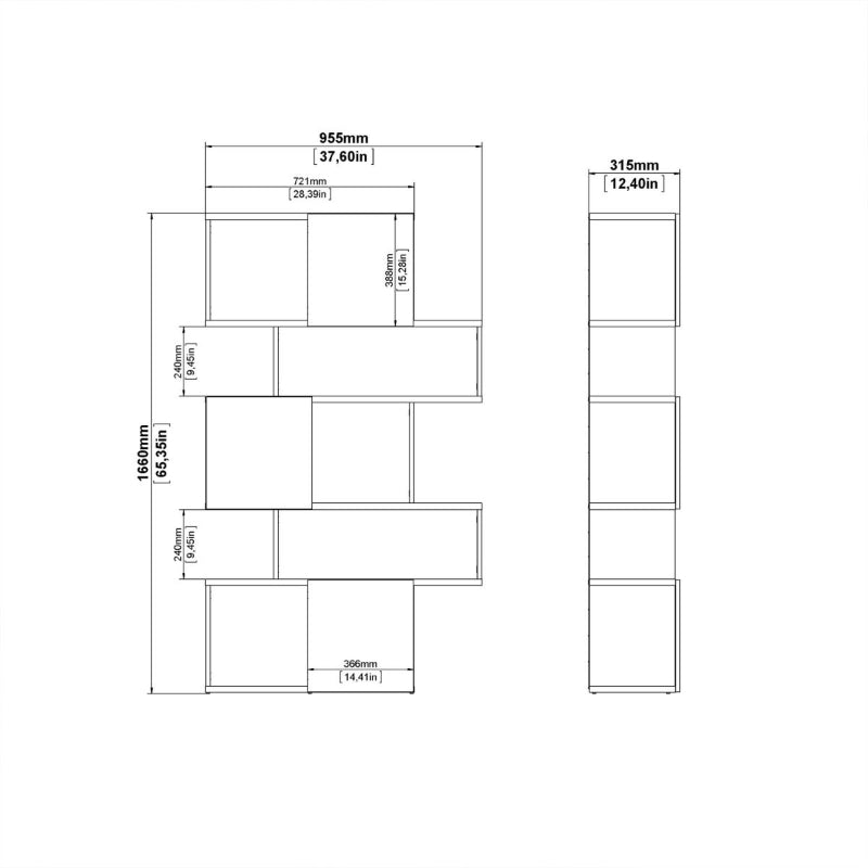 Maze Asymmetrical Bookcase in Jackson Hickory & Gloss White - White Tree Furniture