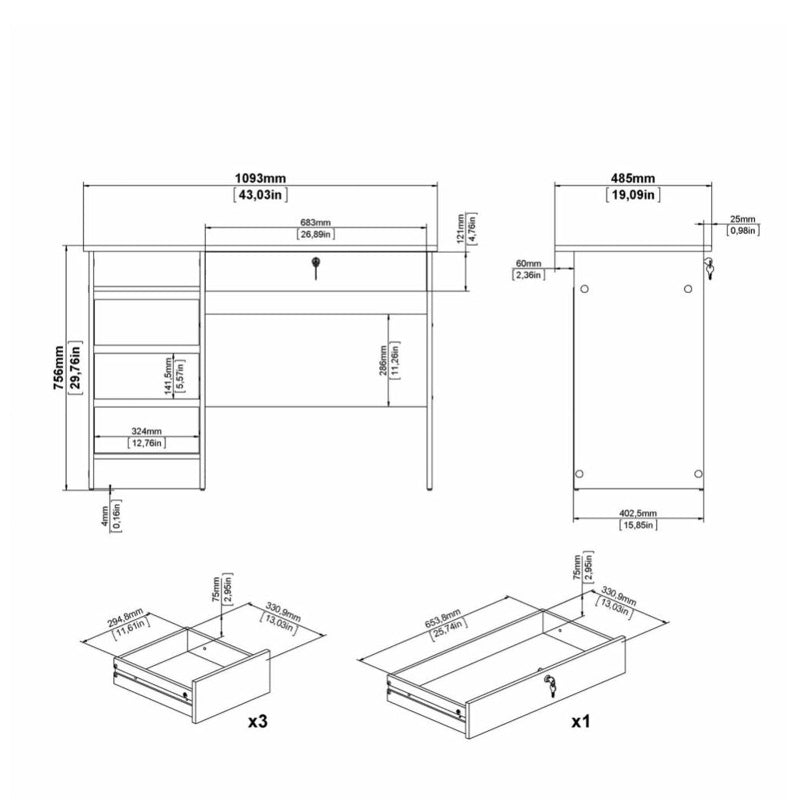 Function Plus White Desk w/ 4 Handleless Drawers - White Tree Furniture