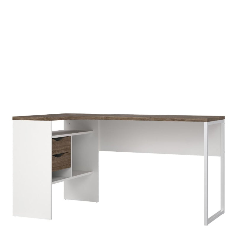 Function Plus White & Truffle Oak Corner Desk w/ 2 Drawers - White Tree Furniture