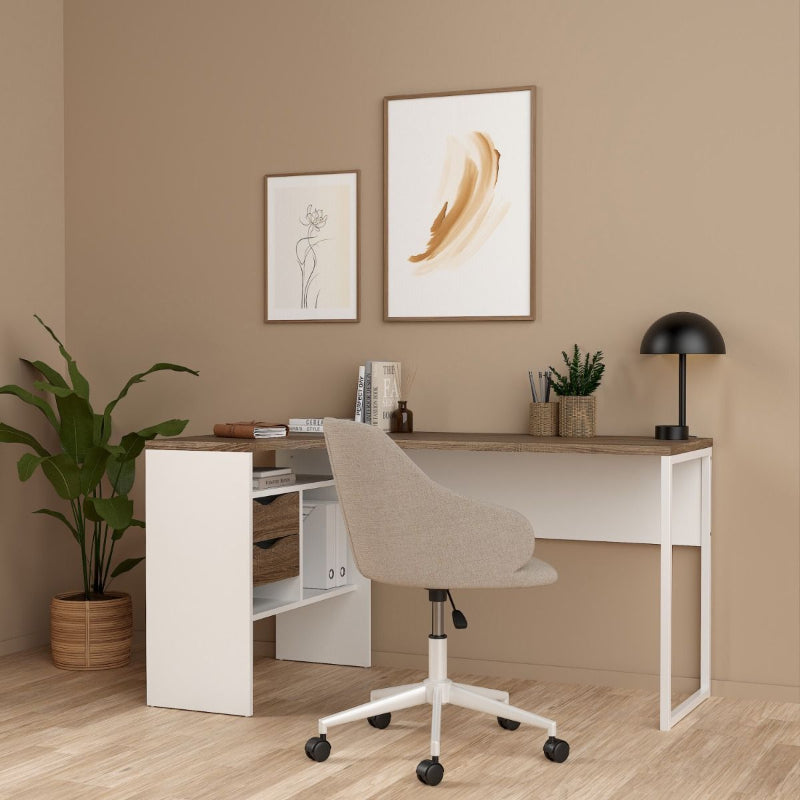 Function Plus White & Truffle Oak Corner Desk w/ 2 Drawers - White Tree Furniture