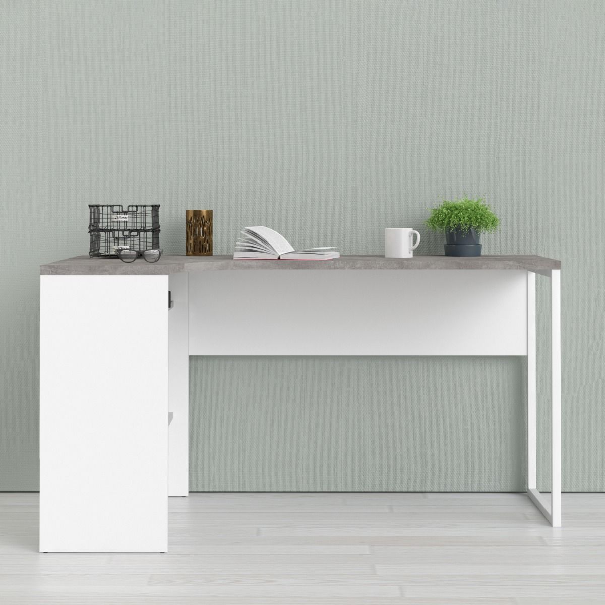 Function Plus Corner Desk w/ 2 Drawers in White & Grey