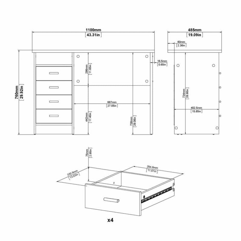 Function Plus White Desk w/ 4 Drawers - White Tree Furniture