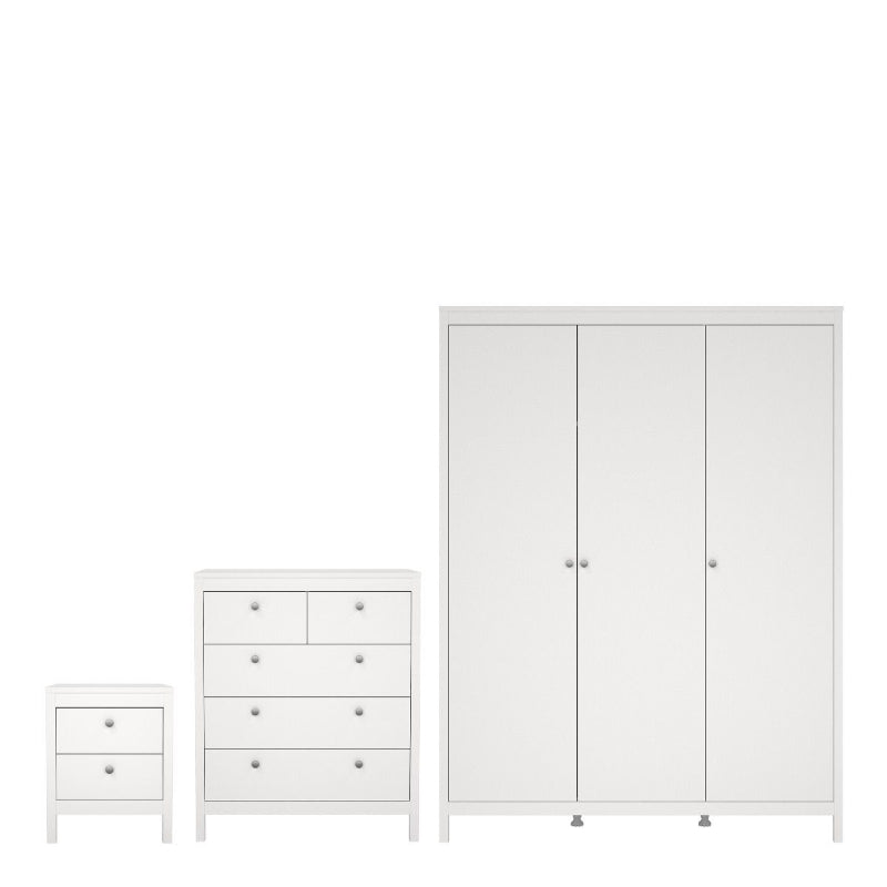 MADRID WHITE SET - Bedside + Drawer Chest + Triple Wardrobe - White Tree Furniture