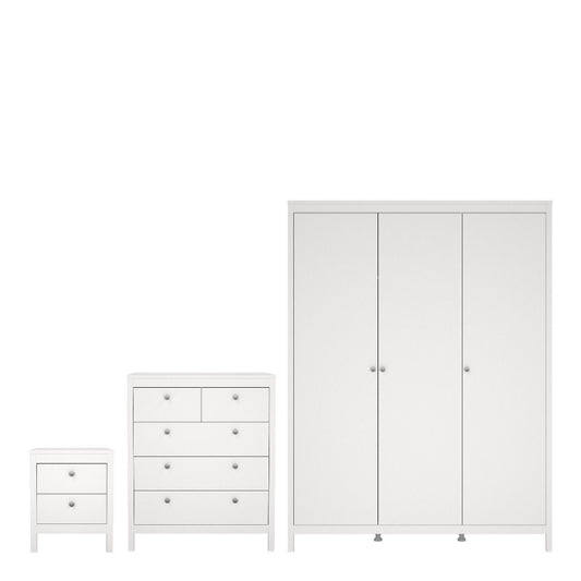 MADRID WHITE SET - Bedside + Drawer Chest + Triple Wardrobe - White Tree Furniture