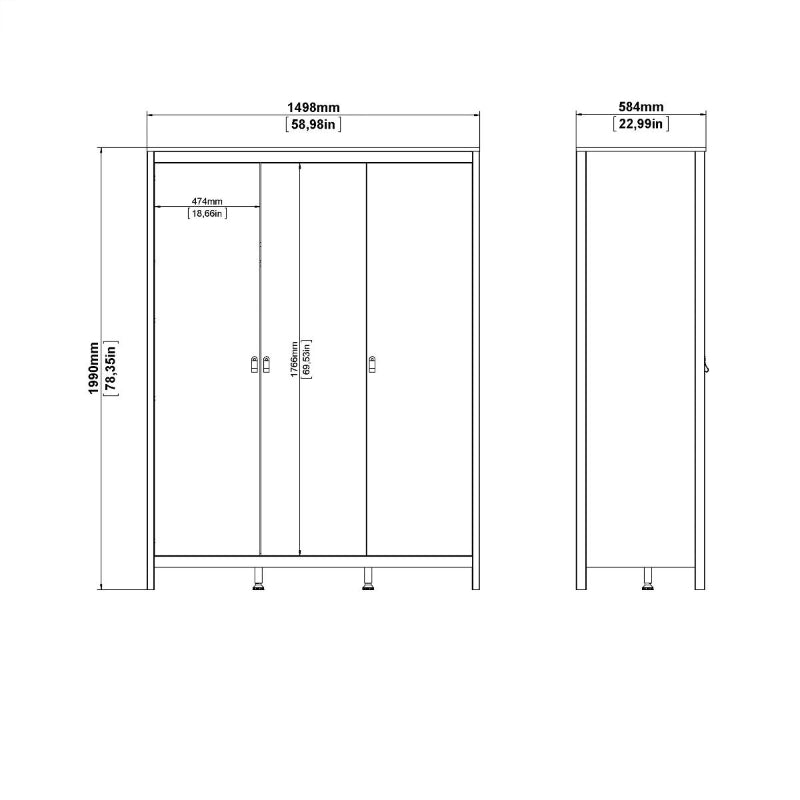 MADRID WHITE SET - Bedside + Drawer Chest + Triple Wardrobe - White Tree Furniture