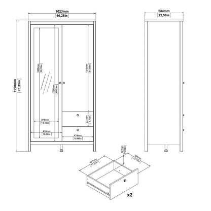 Madrid White Single Wardrobe w/ Mirror & 2 Drawers - White Tree Furniture