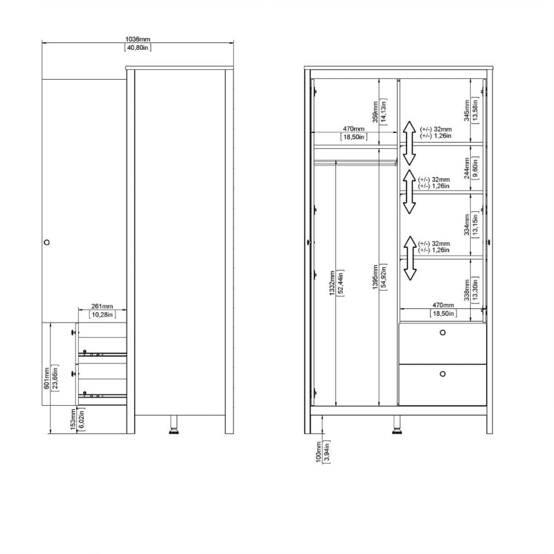 Madrid White Single Wardrobe w/ Mirror & 2 Drawers - White Tree Furniture