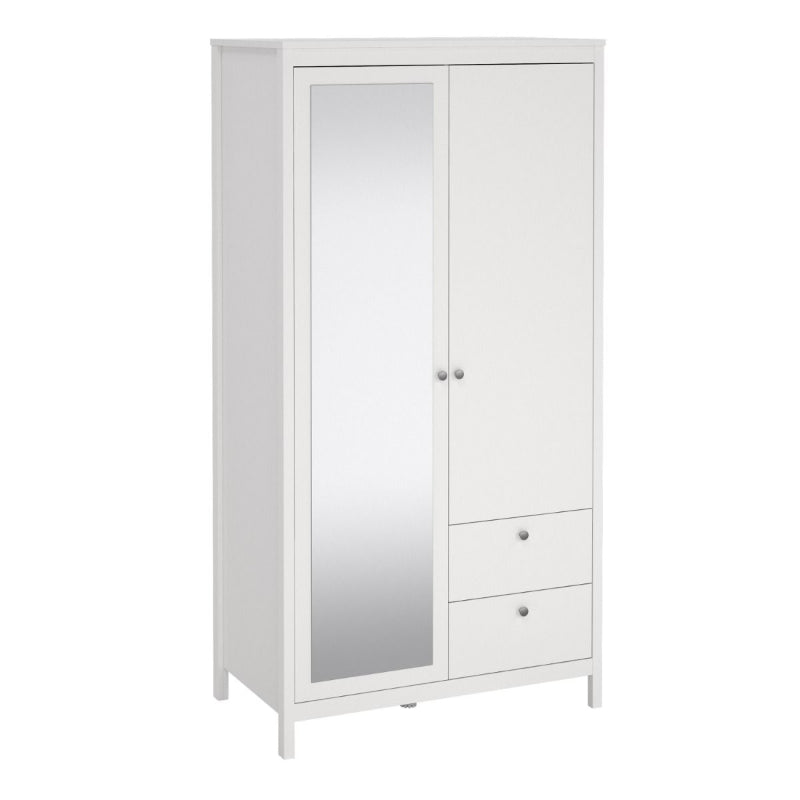 Madrid White Single Wardrobe w/ Mirror & 2 Drawers - White Tree Furniture