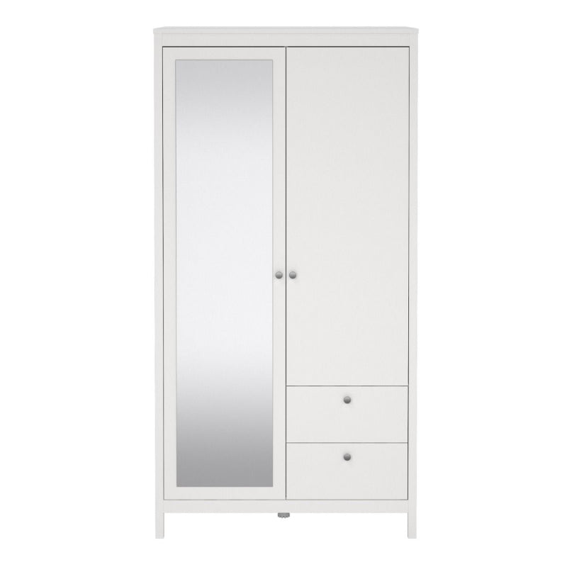 Madrid White Single Wardrobe w/ Mirror & 2 Drawers - White Tree Furniture