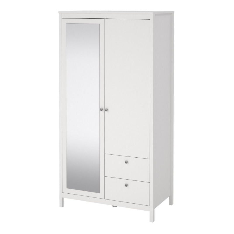 Madrid White Single Wardrobe w/ Mirror & 2 Drawers - White Tree Furniture